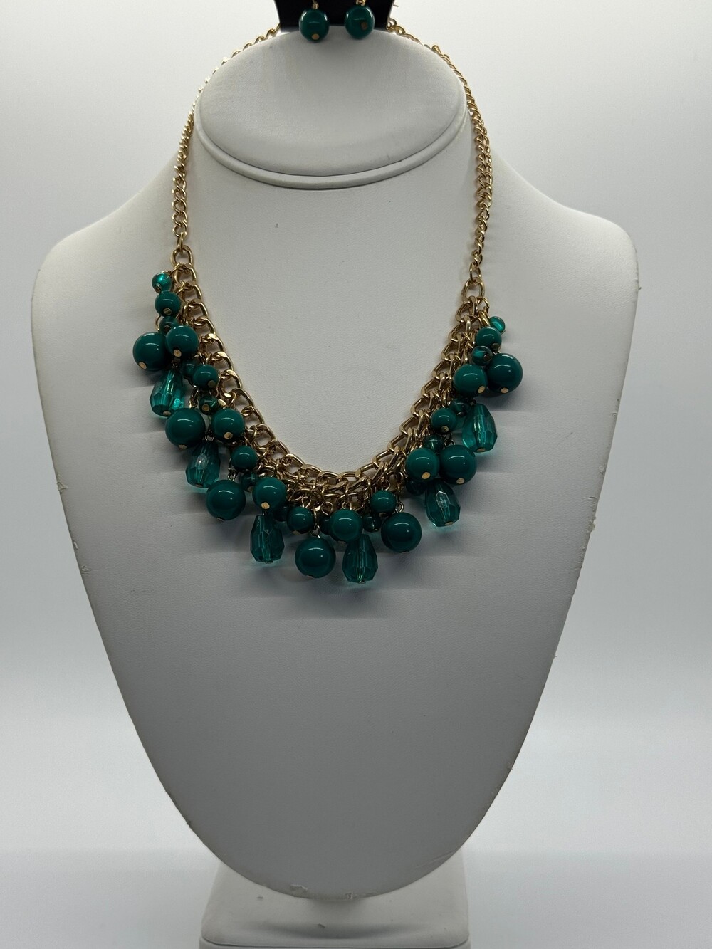 Paparazzi Teal Bead Necklace with Matching Earrings Gold-Tone Chain Set
